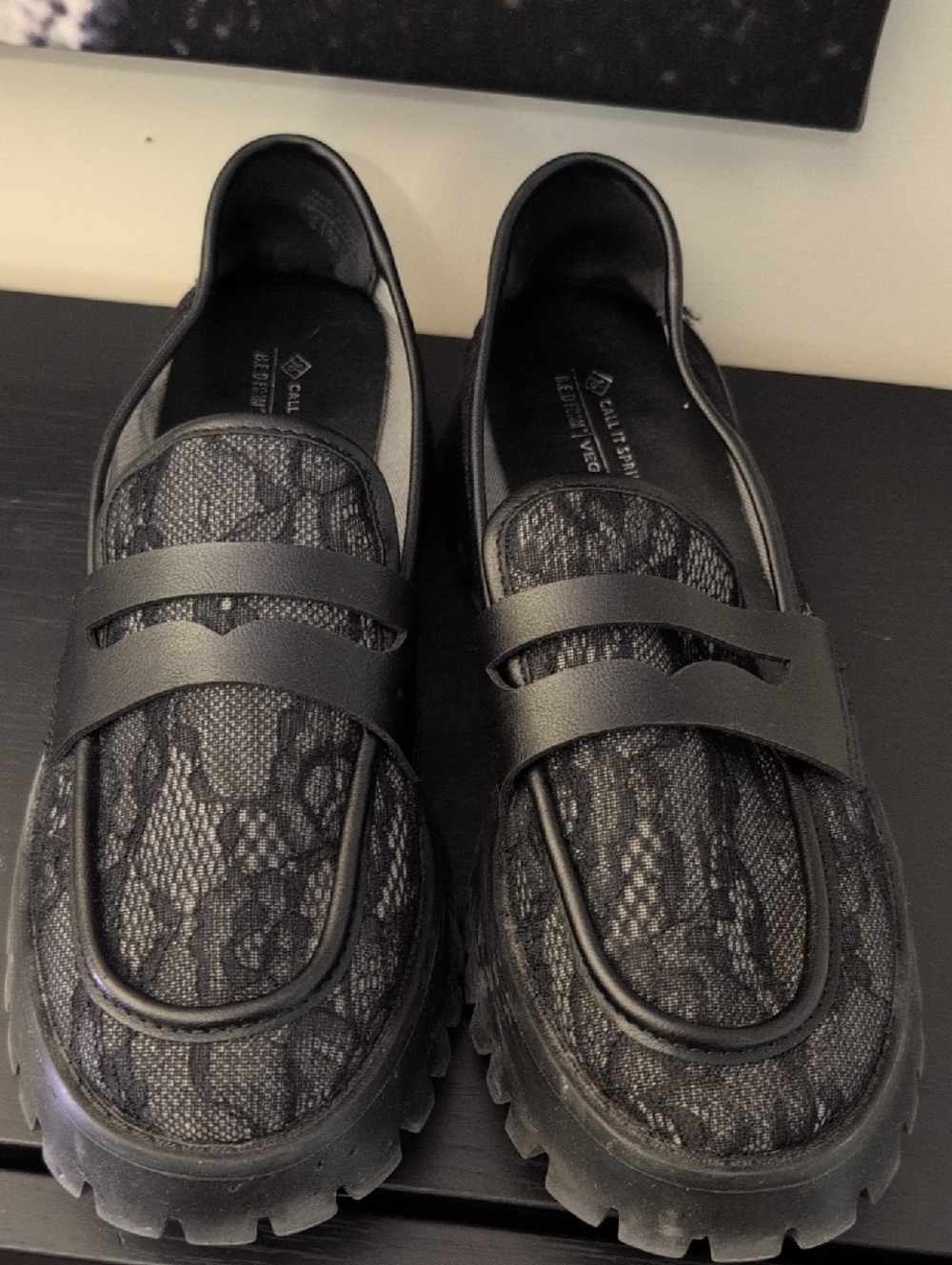 Call It Spring Black Lace Penny Loafers